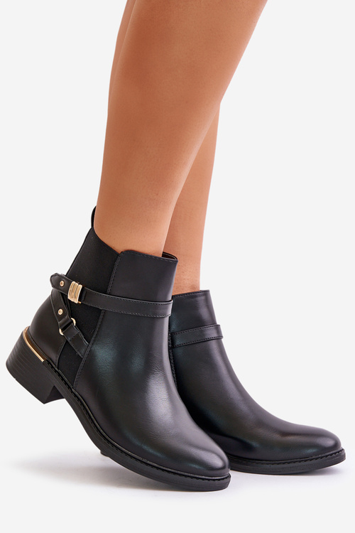 Botki Damskie Ocieplane Z Ozdobnymi Paskami Czarne Kikirra