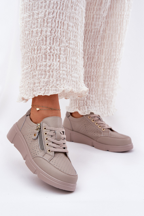 Skórzane Buty Sportowe Sneakersy Na Platformie Z Zamkiem Vinceza 88019 Ciemnobeżowe