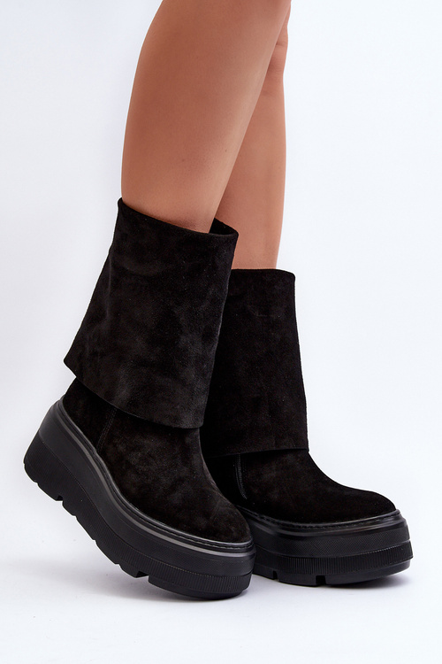 Zazoo 3410 Zamszowe Damskie Botki Na Masywnej Platformie Czarne