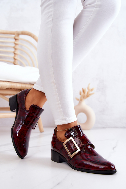 Lakierowane Skórzane Półbuty Ze Sprzączką Bordowe Taliya