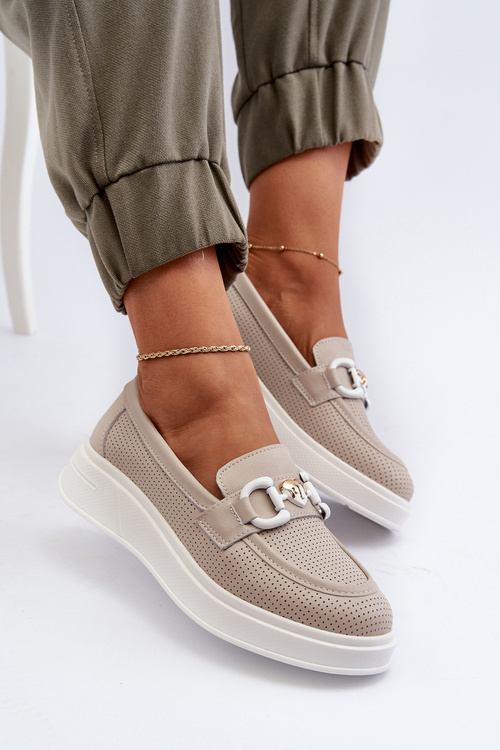 Skórzane Mokasyny Damskie Na Platformie Beżowe S.Barski LR720