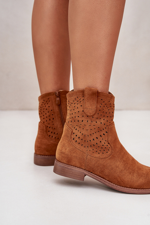 Damskie Ażurowe Botki Na Płaskim Obcasie Camel S.Barski HY42-135
