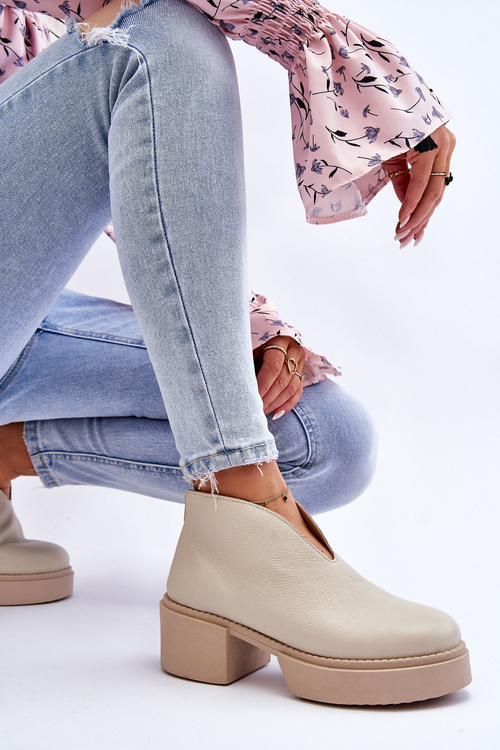 Skórzane Botki Na Masywnym Obcasie Nicole 2795/054 Jasnobeżowe