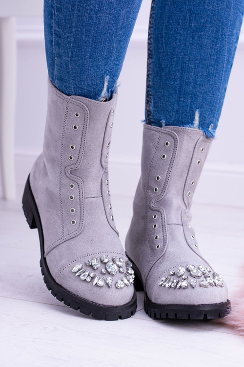 Lu Boo | Szare Damskie Botki Za Kostkę z Cyrkoniami Carrie