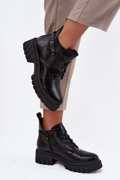 Niskie Ocieplane Botki Damskie Na Klocku Z Ozdobnym Paskiem Czarne Therisse