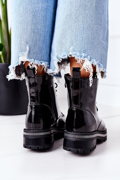 Lakierowane Ocieplane Workery Z Cyrkoniami Czarne Attention