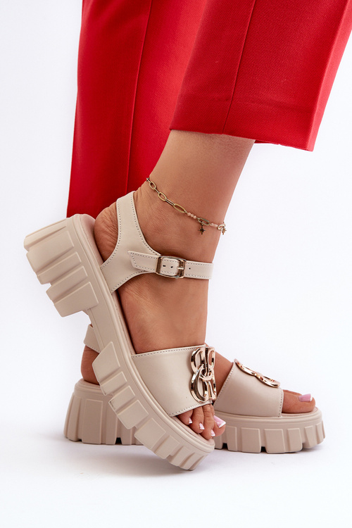 Skórzane Sandały Damskie Ze Złotą Ozdobą Beżowe Vinceza 7910