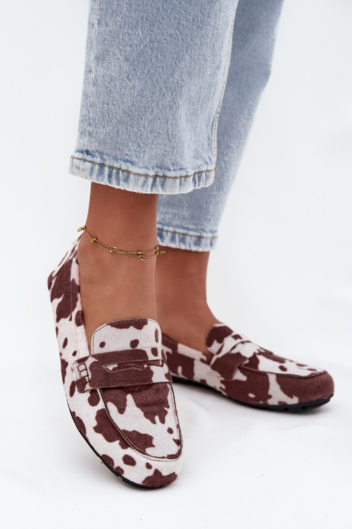 Loafersy Mokasyny Damskie Płaskie W Łaty Brązowo-Białe Roseline