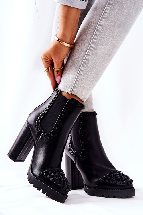 Botki Na Wysokim Obcasie Z Dżetami Czarne Lisana