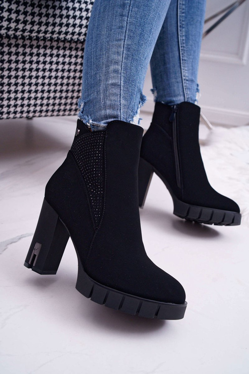 Botki Damskie na Słupku Platformie Z Cyrkoniami Czarne Deren