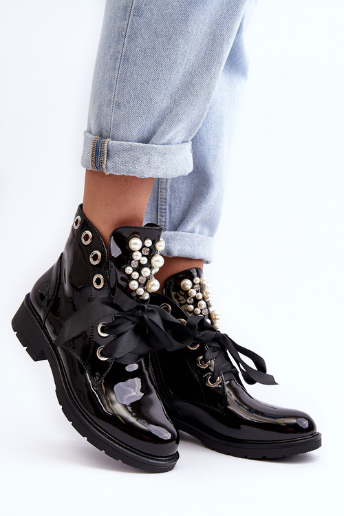 Lakierowane Zdobione Botki Czarne Sirdre