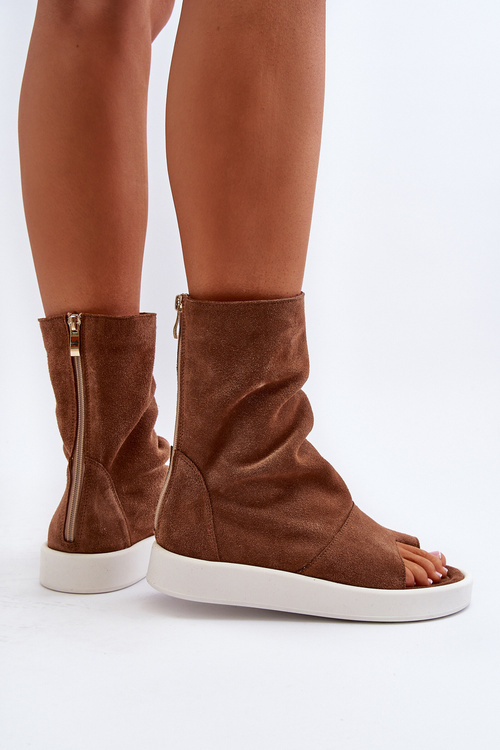 Zazoo 3441 Sandały Damskie Zamszowe Z Cholewka Brązowe