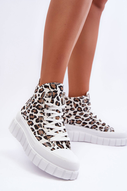 Damskie Wysokie Trampki Wzór Leopard Białe Florensi