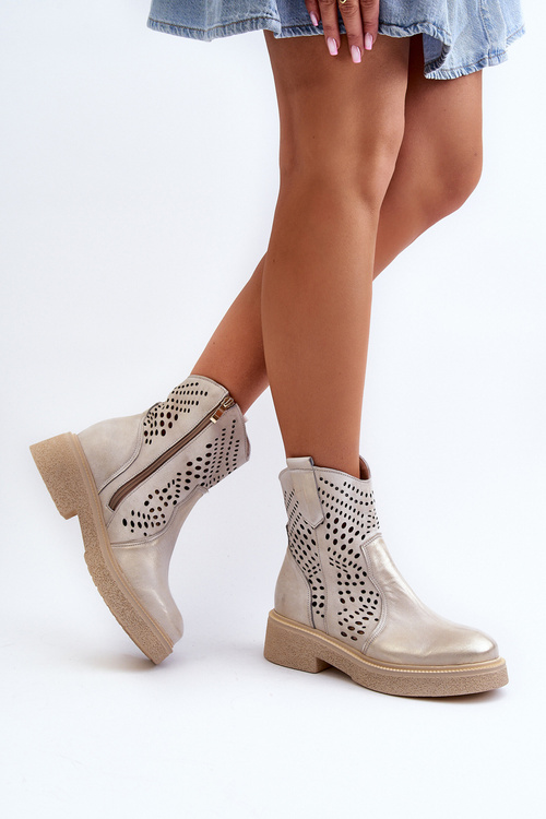 Zazoo 3470 Skórzane Botki Damskie Na Płaskim Obcasie Ażurowe Złote Przecierane