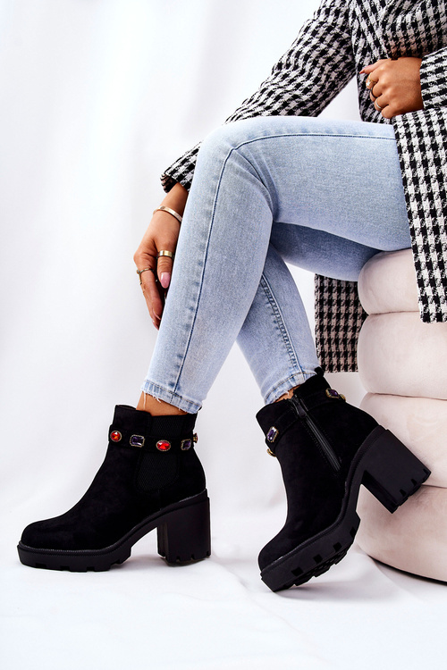 Botki Damskie Na Słupku z Kryształami Czarne Makbet