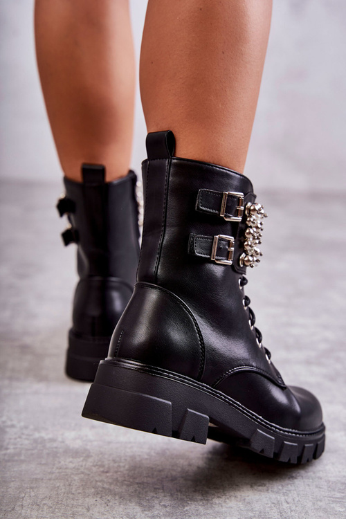 Damskie Botki Z Ozdobami Wiązane Czarne Leonese