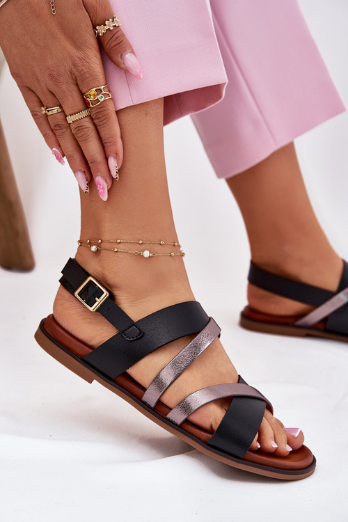 Sandały Damskie Na Płaskim Obcasie Z Paskami Sergio Leone SK086H Czarne