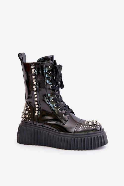 Lakierowane Botki Ze Zdobieniem Na Platformie D&A MR880-079 Czarne