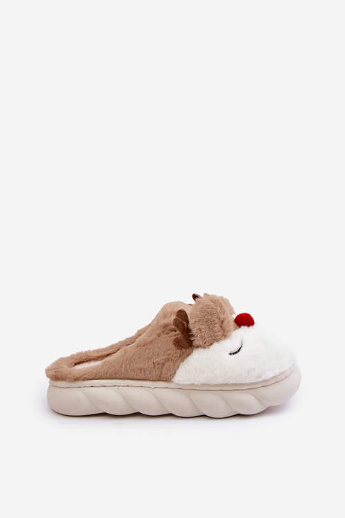 Futrzane Kapcie Damskie Z Motywem Renifera Brązowe Wistira