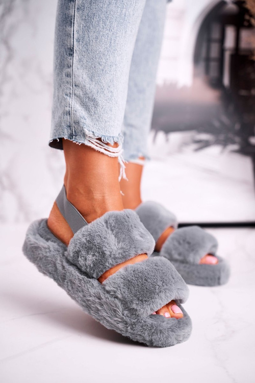 Papcie Damskie na Platformie Futrzane Szare Cotton Candy 