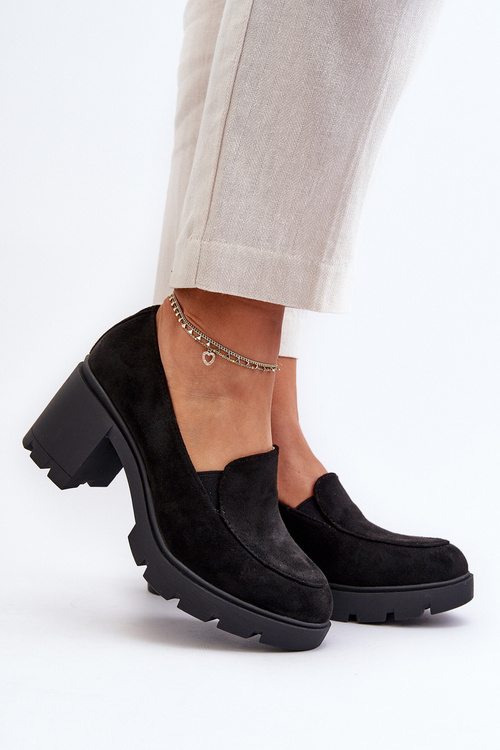 Półbuty Damskie Eko Zamszowe Na Obcasie i Platformie Czarne Arablosa