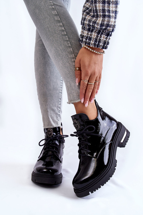 Zazoo 60309 Damskie Lakierowane Botki Na Płaskim Obcasie Czarne