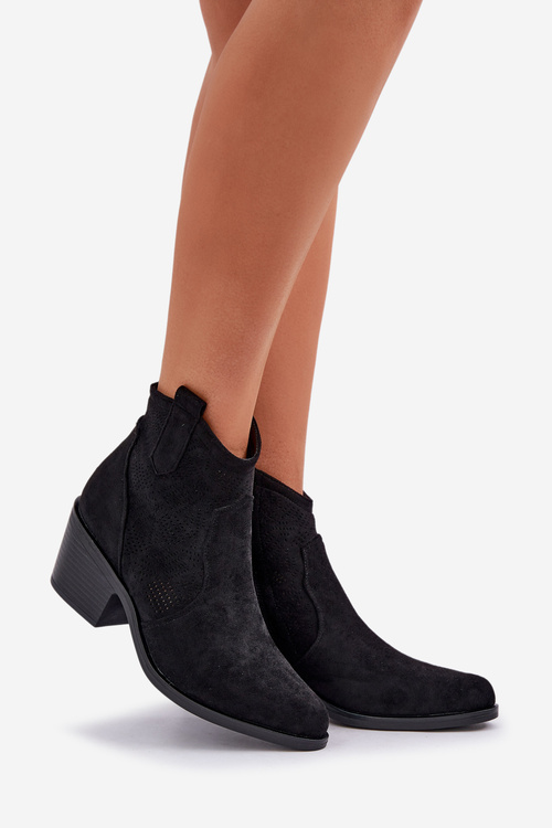 Botki Kowbojki Na Zamek Eko Zamszowe Ażurowe S.Barski HY51-061 Czarne