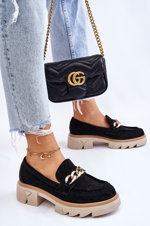 Damskie Półbuty Mokasyny Z Łańcuchem Czarne Luella