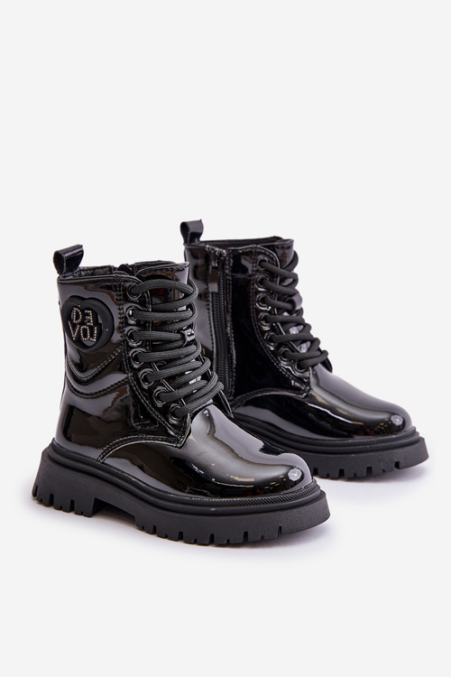 Lakierowane Botki Dziewczęce Ocieplane Futerkiem Na Zamek Czarne Evaliraea