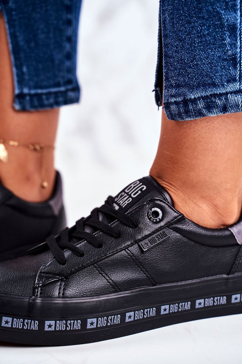 Damskie Skórzane Tenisówki Logowana Podeszwa Big Star GG274193 Czarne