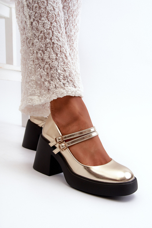 Eko Skórzane Czółenka Na Masywnym Obcasie Złote Halmina