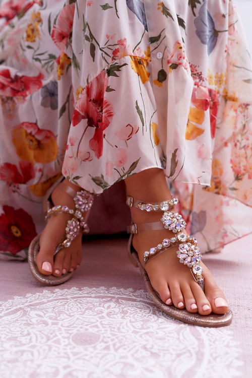 Sandały Damskie Płaskie Z Cyrkoniami Champagne Karra