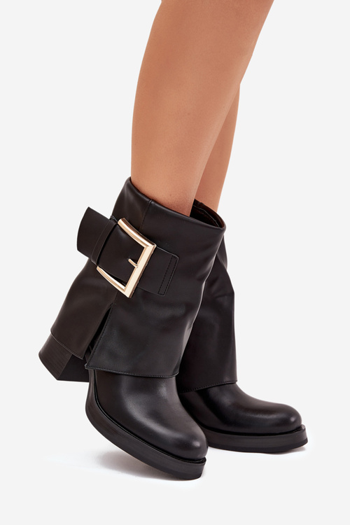 Botki Damskie Ocieplane Na Słupku Ze Złotą Klamrą Czarne Milira