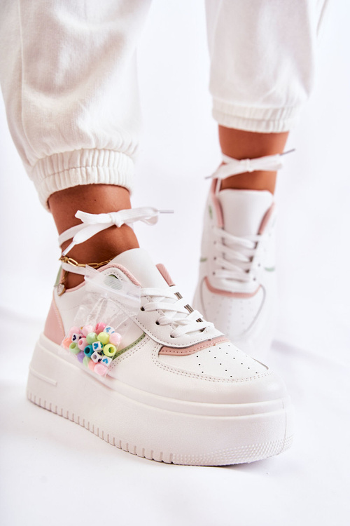 Damskie Wiązane Buty Sportowe Sneakersy Biało-Różowe Manila