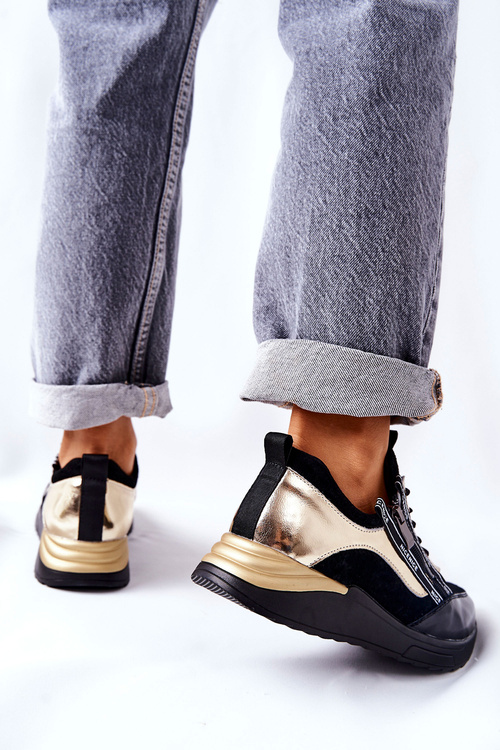 Skórzane Sportowe Buty Sneakersy Czarno Złote Minor