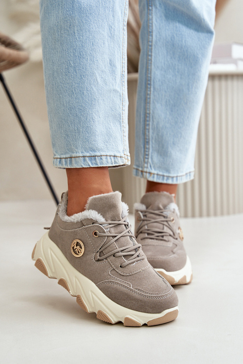 Ocieplane Buty Sportowe Damskie Sznurowane Na Platformie Szare Bialoa