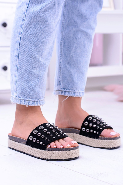 Damskie Czarne Klapki z Cyrkoniami Orto