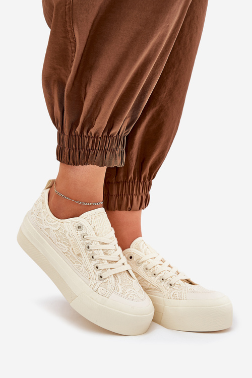 Koronkowe Trampki Damskie Big Star RR274746 Beżowe