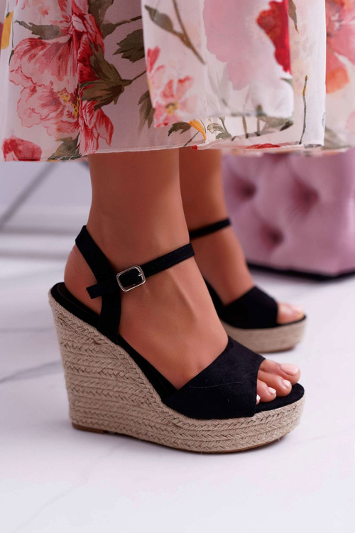 Sandały Damskie Na Koturnie Lniane Czarne Girenn