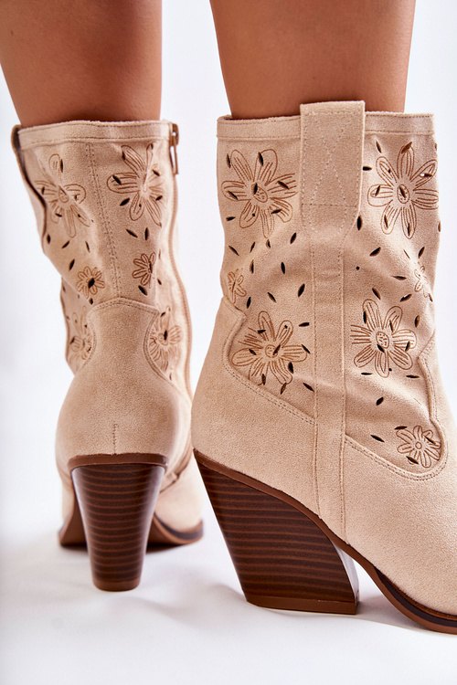 Modne Zamszowe Botki Kowbojki W Kwiaty Beżowe Coralie