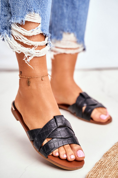 Klapki Damskie Skóra Węża Czarne Chance