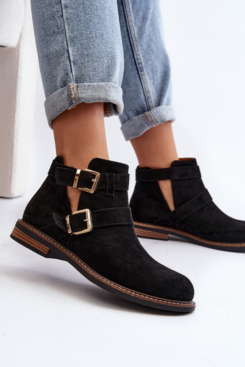 Damskie Botki Na Płaskim Obcasie Z Paskami Czarne Melviana