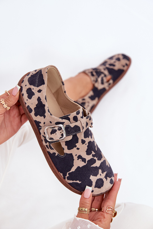 Zamszowe Półbuty Barefoot Damskie Z Klamrą Łaty Zazoo N1261 Brązowo-Beżowe