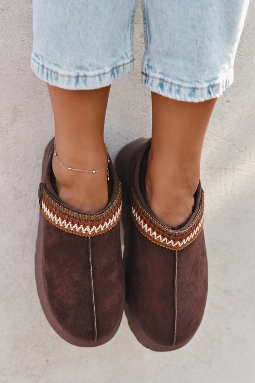 Śniegowce Damskie Niskie Z Ruchomym Paskiem I Haftem Na Platformie Czekoladowe Lyrisse