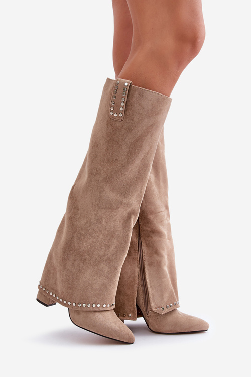 Kozaki Damskie Z Wywiniętą Cholewką Na Słupku Beżowe Kaithena