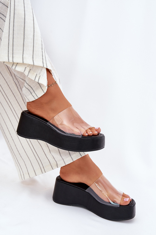 Klapki Damskie Z Transparentnym Paskiem Na Koturnie Czarne Meltiana