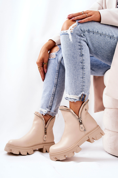 Skórzane Botki Ozdobne Suwaki Beżowe Deborah