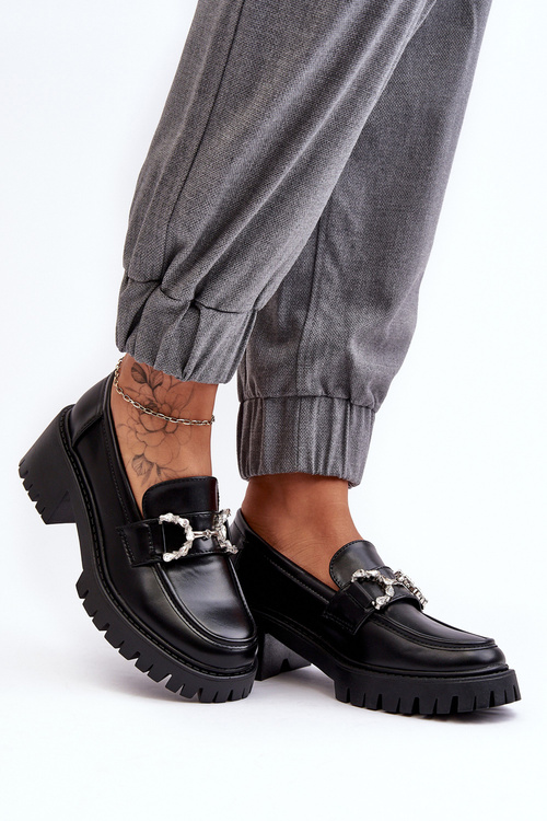 Damskie Skórzane Półbuty Na Masywnym Obcasie Czarne Lemmitty