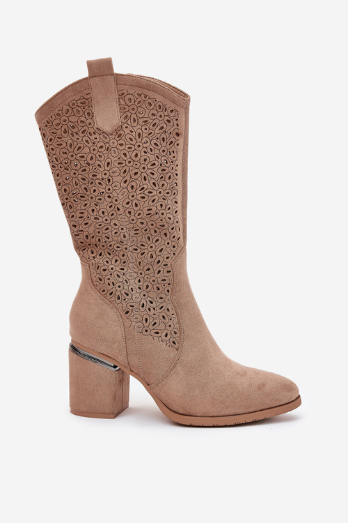 Ażurowe Kozaki Kowbojki Do Połowy Łydki S.Barski HY51-238 Beżowe