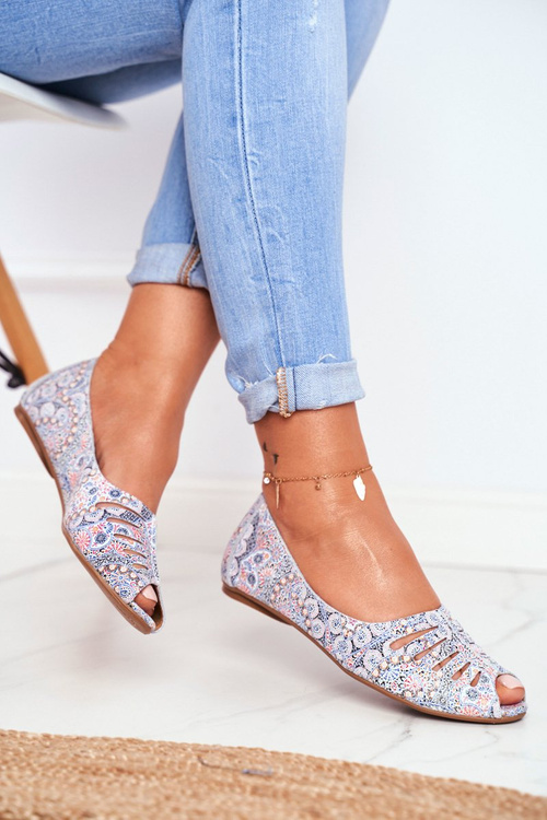 Baleriny Damskie Maciejka Skórzane Biało Niebieskie we wzory 03497-13
